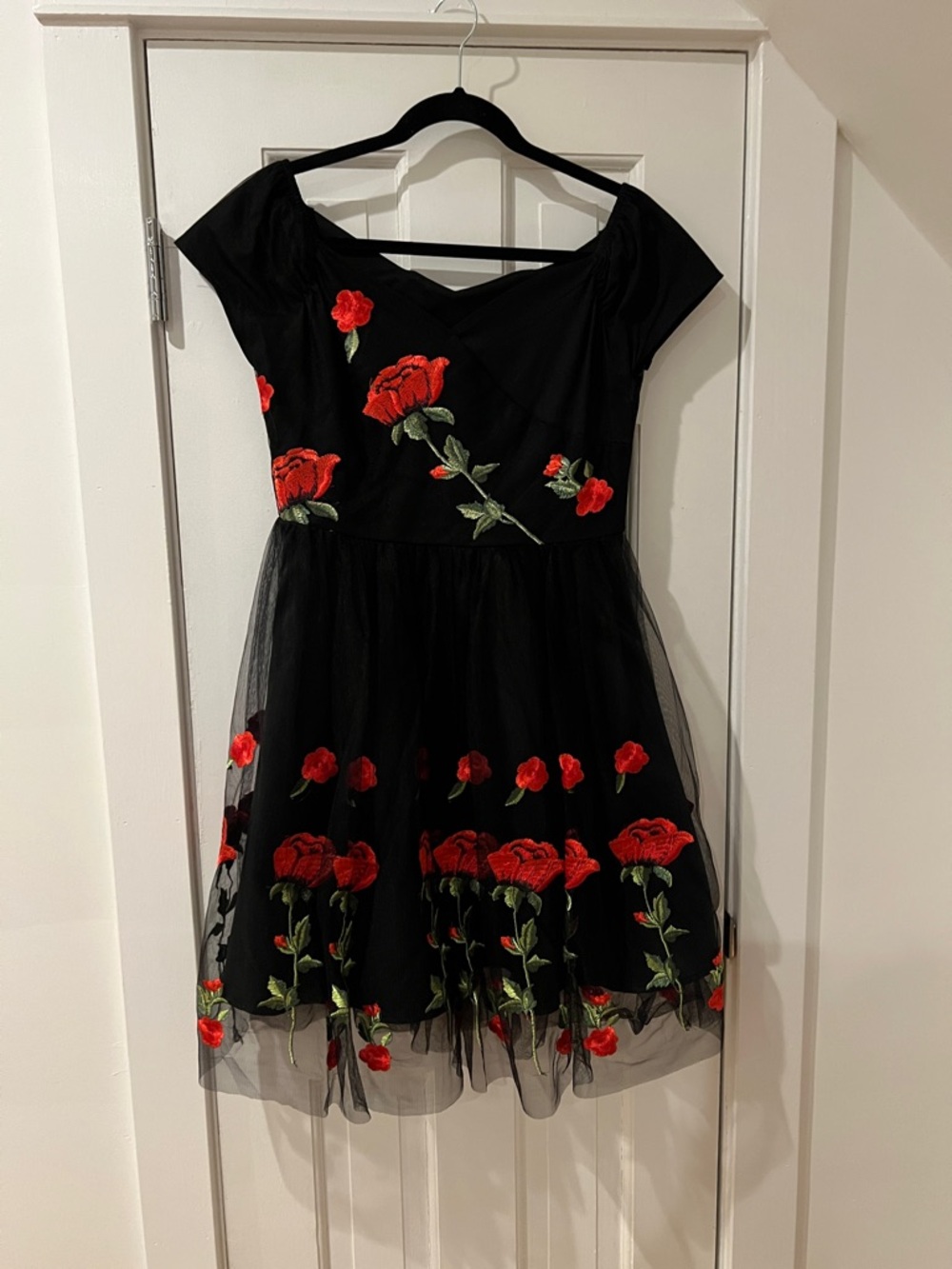 Hand Crafted Black Midi Dress with Red Rose Embroidery